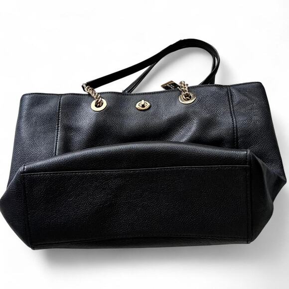 Coach Turnlock Black Pebbled Leather Tote Bag Gold Chain Handles Large Shoulder - Picture 4 of 8